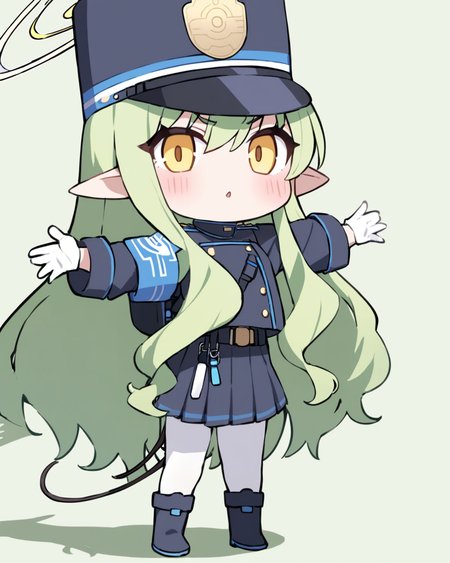 best quality,masterpiece,<lora:hikari_(blue_archive):1>,1girl,animated,belt,blush,boots,chibi,full_body,green_background,green_hair,halo,hikari_\(blue_archive\),long_hair,looking_at_viewer,making_faces,military_hat,military_uniform,multicolored_background,pantyhose,pleated_skirt,pointy_ears,shadow,sidelocks,simple_background,standing,tail_wagging,taunting,two-tone_background,video,white_background,yellow_eyes,white_pantyhose,
