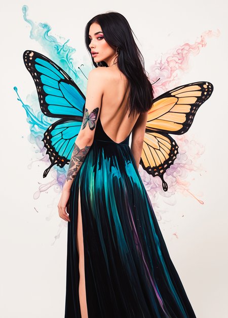 SFW,
young woman, 23yo, full body shot, detailed face, highly detailed,
1girl, masterpiece, best quality, long hair, dark hair, pale skin, cute face, dark hair, light eyes, subtle make up, artistic composition,
adult, alluring, photo, fair skin, perfect skin, long eyelashes, pointed eye makeup, 
soft pastel colors, cartoon style illustration of a woman as she sees the world while experiencing hallucinations, stoned, splash art, closed lip, head tilted forward, splashed pastel colors, (soft iridescent florescent smoke around her) motion effects, best quality, wallpaper art, UHD, centered image, MSchiffer art, ((flat colors)), (cel-shading style) very vibrant neon colors, dense colorful smoke,  ((low saturation)) ink lines, dark velvet dress with slit,(backless dress:1.35) (open back dress:1.5), (butterfly wings back tattoo:1.45) , iridescent tattoo, from side, from behind, (full body image, three-quarter shot:1.1), looking at viewer. The composition blends hyperrealistic textures with an impressionistic painting-like quality, creating an evocative and timeless aesthetic with modern contemporary style. <lora:Purple_Grace_v2:0.75> <lora:mot_wwm:0.51> <lora:fenn_neoncolor:0.4800006103515625>