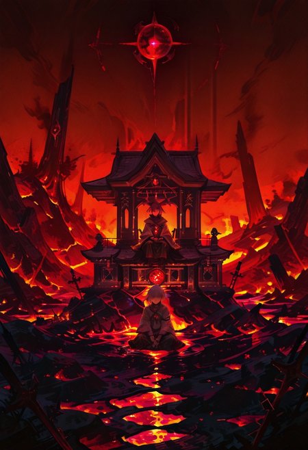 a brutalist Shrine sitting on lava, dramatic apocalypse, dim light, dramatic lighting, __drama__ color scheme, red sphere on the background