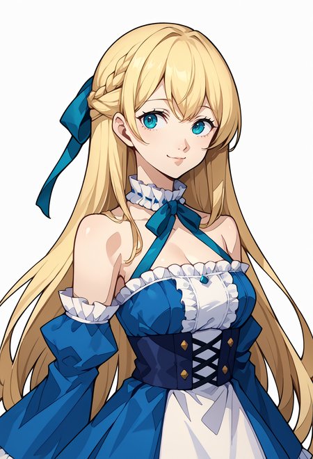 score_9, score_7_up, source_anime, BREAK <lora:zs_P3ReloadPortraitsXL:1> p3reloadportraits, portrait, white background,, <lora:mxmarina:0.8> mxmarina, french braid, half updo, Hair ribbon, frilled choker, criss-cross halter, sleeveless dress, high-waist skirt, backless dress, blue dress, waist blue bow, detached sleeves, frilled sleeves, wide sleeves, blue sleeves, light smile, very long hair,