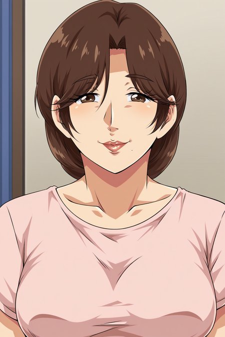 <lora:Carburetor:0.8>,kaas,1girl,solo,brown hair,brown eyes,mature female,mole under mouth,breasts,shirt,upper body,looking at viewer,indoors