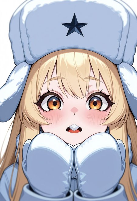 sakuraienergy, digital illustration, charact portrait, depth of field, pastel coloring/(medium/), blonde hair, very long hair, blushing, face focus, buck teeth, looking at viewer, ushanka, mittens, winter coat
