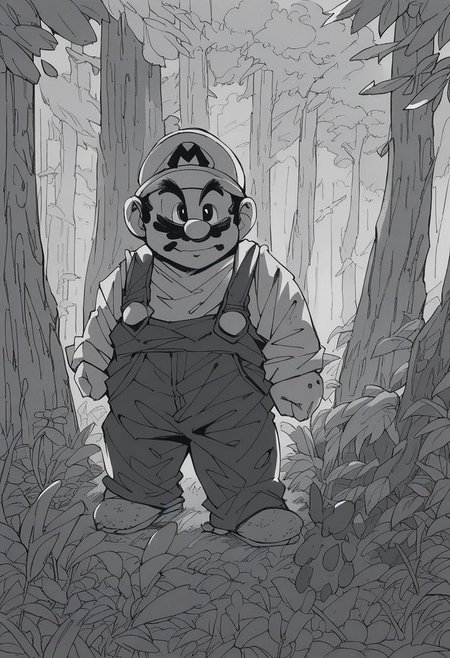score_7_up, score_8_up, score_7_up, mario, overalls, monochrome, grayscale, forest, cowboy shot