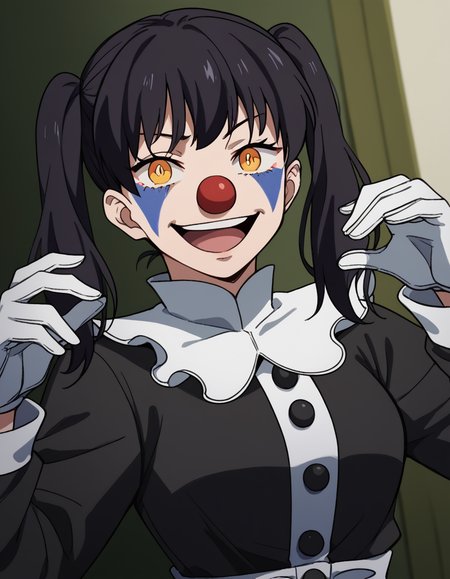 score_9, score_8_up, score_7_up, source_anime, <lora:tamaki-kotatsu-s1s2-ponyxl-lora-nochekaiser:1>, tamaki kotatsu, long hair, bangs, black hair, twintails, medium breasts, yellow eyes, orange eyes,, <lora:clown-ponyxl-lora-nochekaiser:1>, clown, makeup, clown nose, facepaint, gloves, long sleeves, frills, dress,, smile, open mouth, smug, , dutch angle, cowboy shot