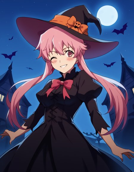 score_9, score_8_up, score_7_up, source_anime, <lora:yuno-gasai-s1-ponyxl-lora-nochekaiser:1>, yuno gasai, long hair, pink hair, pink eyes, sidelocks, ribbon, red ribbon, hair ribbon, twintails, medium breasts, <lora:witch-ponyxl-lora-nochekaiser:1>, witch, hat, witch hat, dress, halloween, halloween costume, jewelry,, night, moon, blush, smile, one eye closed,, , dutch angle, cowboy shot