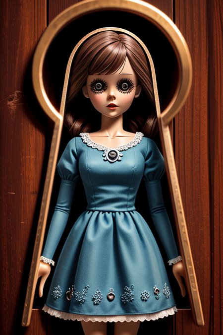 <lora:Keyhole_Art-10:0.9> keyhole_art, doll, blue dress, brown hair, doll stand, creepy,<lora:LCM_SD15:1.0>