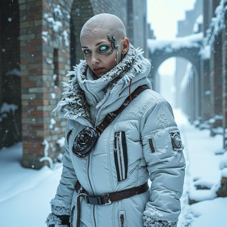frostpunk style gaunt female (covered in snow, frost, and/or icicles), bald with a mechanicel implant around her left dimly glowing mechanical_eye, wearing a glacier white insulated jumpsuit, heated snow boots, bionic eye, set in frozen ruins, haunted by the ghosts of the past, their whispers carried on the wind. , in a blizzard,  <lora:flux_trainer/frostPunk_v1.1>, <lora:scifi/moxiePunk_v3S.safetensors:1.0>,