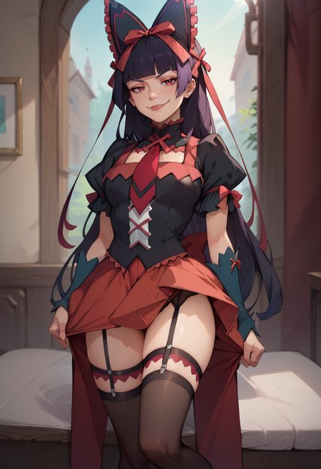 score_9, score_8_up, score_7_up,  1girl, rating_questionalble 1girl, <lora:rory_mercury-PD-1.0:1.0> rory mercury, dress, hair ribbon, puffy sleeves, necktie, thighhighs, garter straps, smug body bridge  undressing