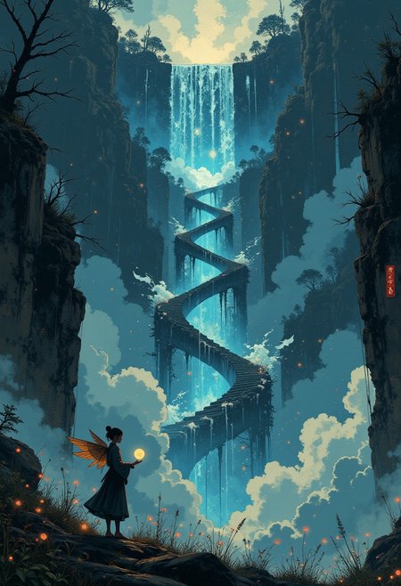 On the edge of a floating island surrounded by cascading waterfalls that fall into an endless void, a girl with wings made of clock hands and gears stands holding a luminous orb. The orb contains miniature versions of entire galaxies, swirling and colliding like a cosmic snow globe. Behind her, a staircase of shattered glass ascends into the sky, each step reflecting a different moment of her life. She hesitates, her wings ticking softly like a clock, before placing the orb onto a pedestal. The orb shatters, and the waterfalls reverse direction, rising into the sky and forming a massive spiral staircase of water and light, leading toward an unknown destination.