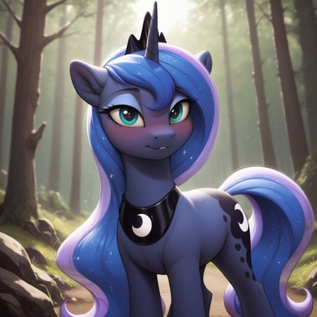 score_9, score_8_up, score_7_up, score_6_up, pony, unicorn, feral, mare, solo, (princess luna), no breasts, forest, outdoors, (evening), tail, photo_realistic, blushing female, anatomically correct, looking at you, standing,