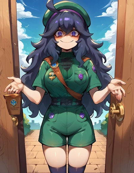 score_9, score_8_up, score_7_up, source_anime, <lora:hex-maniac-ponyxl-lora-nochekaiser:1> hex maniac, hairband, messy hair, purple eyes, purple hair, purple hairband, @ @, large breasts,, <lora:girl-scout-uniform-ponyxl-lora-nochekaiser:1> girl scout uniform, badge, beret, breast pocket, girl scout, green hat, hat, short sleeves, shirt, green shirt, shoulder sash, medal, button badge, uniform, shorts, green shorts, short shorts, kneehighs,, smile, blush, looking at viewer, blue sky, clouds, entrance, doorway, <lora:incoming-gift-ponyxl-lora-nochekaiser:1>, incoming gift, outstretched arms, holding, holding box, box, cardboard box,, cowboy shot,
