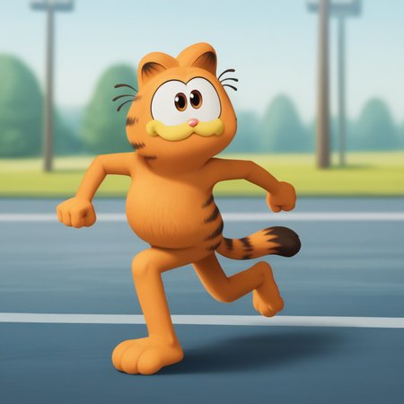 score_7_up, BREAK,  no humans, Garfield, solo, brown eyes, orange fur, cat ears,   <lora:Garfield_XL_Leaf1v2:1>, running, blurry background,