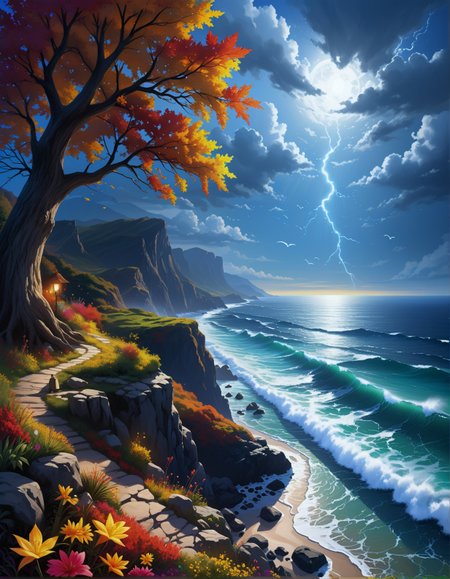 surreal landscape:1.2
dark forest, moonlit, beams of light filtering through branches, the sound of owls, a sense of wonder,
Towering waves, spray obscuring the horizon, Raging sea waves, salty air, distant flashes of lightning ,
Snowy blizzard Weather,
Stratus blanketing coastal cliffs,
Bioluminescent plankton shoreline glow,
Autumn maple leaf carpets,
,
,
,
,
Leiji Matsumoto 
(masterpiece:1.4), (intricate details:1.4), (hyperrealistic:1.3),(painting:0.9),(ultra detailed:1.4), (8k resolution:1.3), (sharp focus), (dramatic perspective:1.1), (chromatic aberration:0.3), (film grain:0.2),
<lora:JuggerCineXL2:0.3>,
<lora:add-detail-xl:0.3>,
<lora:WildcardX-XL-Detail-Enhancer:0.4>,
<lora:xl_more_art-full_v1:0.7>,
<lora:ClassipeintXL2.1:0.3>,
<lora:Flux-XL_Scenery:0.3> flux-scenery ,
<lora:EnvyDramaticLightingXL01:0.7>
detailxl,