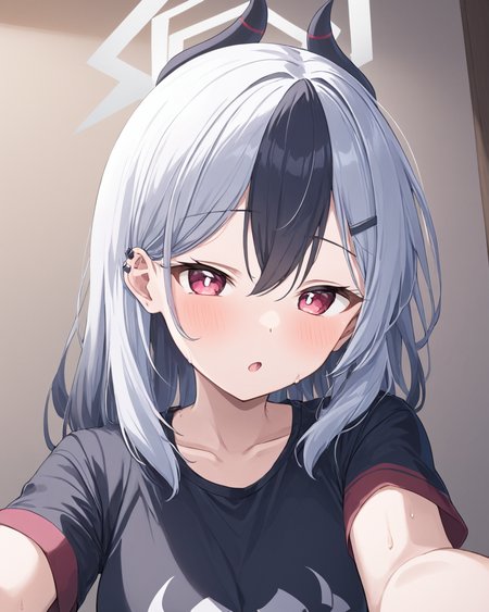 kayoko \(blue archive\),1girl, solo, selfie, black_shirt, horns, blush, upper_body, ear_piercing, sweat, v, looking_at_viewer, earclip, short_sleeves, halo, tongue
<lora:kayoko_(blue_archive)_image1860_2023-11-28-000012:1>halo. gorgeous,key visual, vibrant, studio anime,award-winning, professional, highly detailed,high budget, cinemascope