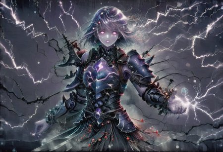 (Masterpiece:1.3), (best quality:1.2), (detailed background:1.1), (intricate details:1.1), (detailed background:1.2), 1girl, solo focus, standing, perfect anatomy, 
bleakfaith,
source_anime, night sky, dark cloud background, sky background, lightning on background, only purple lightning, purple lightning, dark purple theme,
BREAK
watercolor, chinese,traditional,
BREAK
(purple hair:1.2),(pale skin:1.3), (purple skin:1.5),1girl,solo, mysterious, vivid color, shiny, (short purple hair), bob cut hair, purple eyes,glowing purple pupils,
laugh arrogantly,
BREAK
armor(dark suit,armor, animal chest plate), lightning, dark purple lightning on armor, chinese style, 
spraks in hand,
BREAK
looking at the viewer, front view, full view,
best quality, ultra-detailed, absurdres, detail face, best quality, hires textures, high detail, (4k),incredibly detailed
NegativeDynamics,