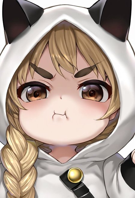1girl, solo, brown eyes, blonde, single braid, cat ears,  white background, facial expression, simple portrait, best quality, looking at viewer, source_anime, high resolution, masterpiece, upper body, from below, white hoodie, angry, furrowed brows, downturned mouth, pout, chibi