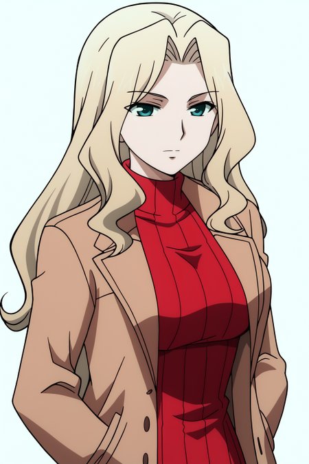 <lora:Freezing2:0.8> white background, Elizabeth, solo, coat, red sweater, turtleneck, trench coat, upper body
