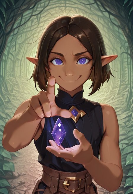 1 Lapanya, solo, Repeta, violet eyes, black sleeveless top,
Grinning, lowered eyebrows, curious expression,
Holding purple gemstone in one hand, 4-sided gemstone, small gemstone,
organic cavern background, 
Medieval style, Smooth colors, detailed eyes, clean lines, high quality, best quality, masterpiece, rating: safe, source: anime,