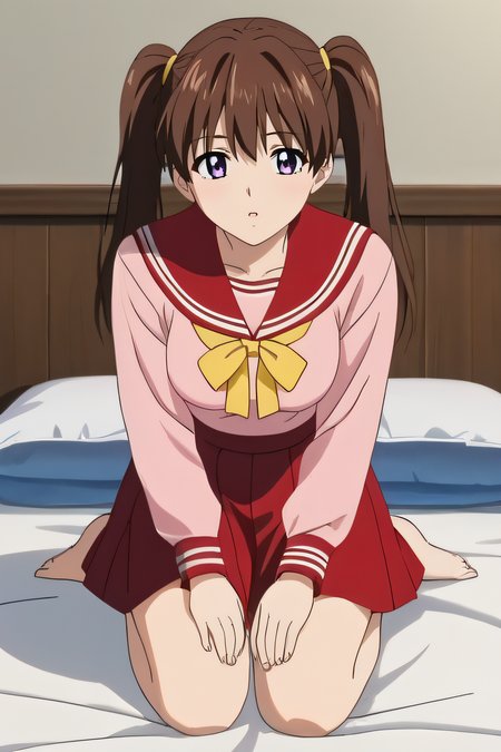 score_9, score_8_up, score_7_up, source_anime, rating_safe, intricate details, anime screencap, official style, 1girl, solo, <lora:Serizawa_Miki:1>, serizawamiki, purple eyes, brown hair, twintails, long hair, pink shirt, medium breasts, school uniform, long sleeves, red sailor collar, yellow ribbon, red skirt, barefeet, looking at viewer, full body, indoor, in bed, kneeling, hands on knees, parted lips