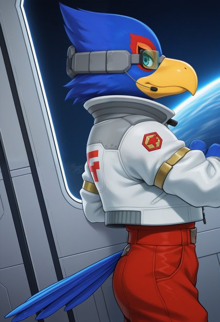 masterpiece,best quality, amazing quality, 1boy, solo, ,f4lc0, bird boy, green scouter, grey headset, red jumpsuit,  white jacket, close up, side angle,

 space, space ship, bedroom,