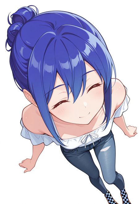masterpiece,high quality details,absurdres, 
<lora:Mamiya_Kanoko:0.8> 
kanoko_cnr, 1girl, blue hair,hair between eyes, sidelocks, single hair bun,, simple background, white background, from above,solo,, ^ ^,, off-shoulder shirt,peplum top  ,skinny jeans, ,checkered legwear,