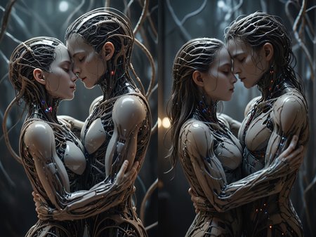 a <lora:RMSDXL_Photo:3> mdjrny-v4 style two lovers as neural networks embracing, beautiful, intricate details, cinematic lighting, beautiful concept art, surreal, art station