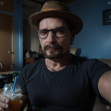 cinematic film still, establishing shot, full body, high selfie angle, 
selfie, user interface, fake screenshot, viewfinder, phone screen, taking picture,

saturated colors, 
negative space, 

1 adult man, 
GordonFreeman1024, glasses, goatee, smile, closed mouth, 

(breaking bad style), face of Walter White, hat, mustache sunshades, 
(solo male focus), 

leading lines, ray tracing, framing device, 
backdrop is futuristic l4b0r4t0ry, subtle and multiple artificial light.