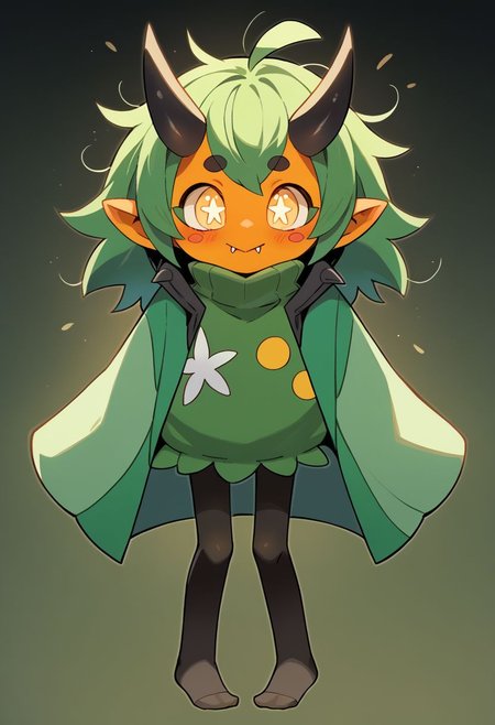 score_9, score_8_up, score_7_up, score_6_up, score_5_up, score_4_up, BREAK, source_cartoon, source_anime,
1girl, solo, (teal, green poncho, green dress, black pantyhose, ribbed tights, no shoes)
((sweater-dress)), (((pantyhose))), ((no-shoes)), ((messy-hair)), <lora:OgerXL-15:0.75> ogerpon, fangs, personification, green hair, messy hair, short hair, ahoge, black horns, blush stickers, yellow eyes, colored skin, orange skin, pointed ears, oni, little girl, flat chest