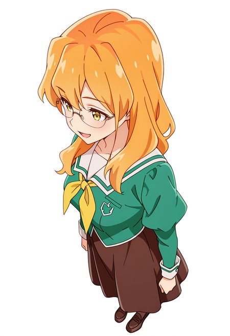 masterpiece,high quality details,absurdres, 
 <lora:Chibana_Sumika:0.8>
sumika_cnr, 1girl, orange hair, long hair,blonde hair, yellow eyes,
sumika_s1,green shirt, white sailor collar, serafuku,long skirt, brown skirt, juliet sleeves,pantyhose, loafers, glasses,, simple background, white background, from above,solo,, :d,