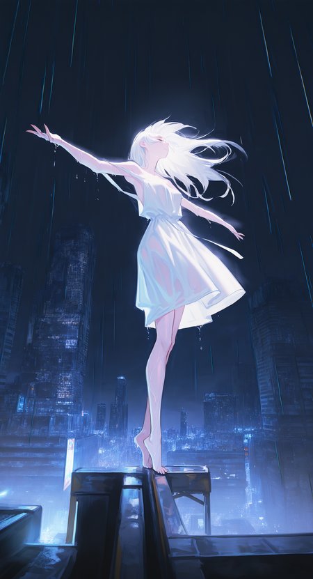 masterpiece, best quality, Good quality, very aesthetic, absurdres, newest, From Below,Vanishing Point, 1girl, solo, long_hair, breasts, bare_shoulders, standing, full_body, closed_eyes, outdoors, sky, barefoot, wet, night, outstretched_arms, night_sky, strap_slip, rain, spread_arms, tiptoes,White Dress, On the edge of a skyscraper, City Lights Lighting,Cinematic Lighting, <lora:ponyv5_noobE11_1_adamW-000013:0.7> <lora:USNR_STYLE_XL_lokr:1>