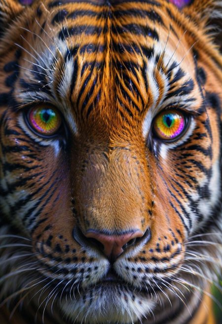 Extreme close up Portrait of a tiger, with a rainbowiridal tiger eyes, highly detailed, , emotional, bokeh, f/1.2, canon photography