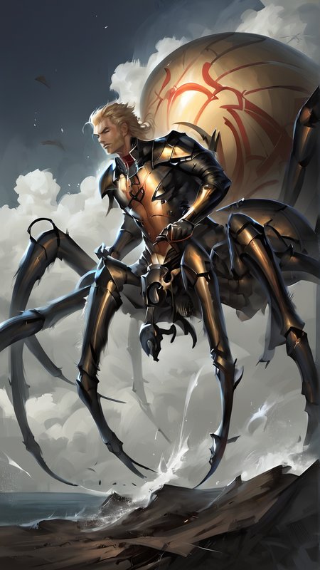 <lora:4r4chn1dPony:0.65>, score_9, score_8_up, score_7_up, score_6_up, score_5_up, score_4_up, closeup of 4r4chn1d, fantasy concept art, digital art, oil painting, realistic, detailed face, solo, arachnid, man desktop wallpaper, official_wallpaper, atmospheric, warrior, (blushing:0.6), combat stance, holding a weapon,  light blonde hair, Spanish skin, Short waves, in location mausoleum, (Masterpiece:1.3) (best quality:1.2) (high quality:1.1)