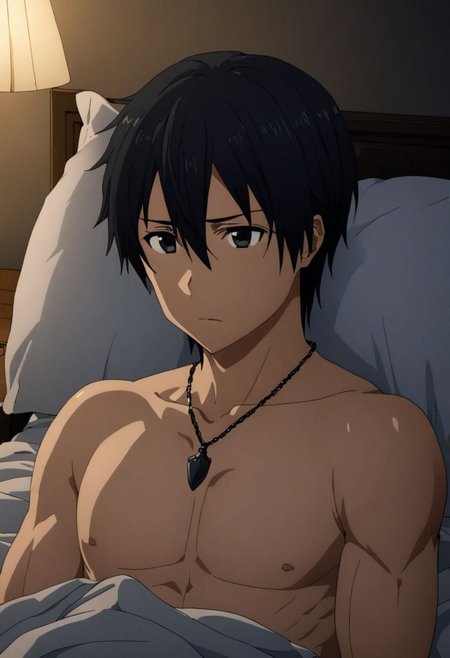 high resolution, solo, best quality, 1Boy, Kazuto Kirigaya, Black Hair, Black Eyes, bedroom, dimly lit, pillow, blanket, necklace, upper body quarter, shirtless, sixpack, horny, OverallDetail