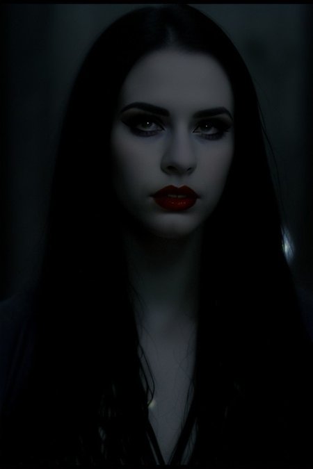 Photo of vampire girl, 25 years old, (beautiful:1.75), (very pale skin:1.35), (gothic makeup:0.99), (Red Lipstick:1), (black hair), (anime:0.35), (oval face:0.25), (night), 10 minutes before the world will end, hyper-realistic, ultra-detailed, insanely detailed, 4k, realistic 8k, shot on portra 400