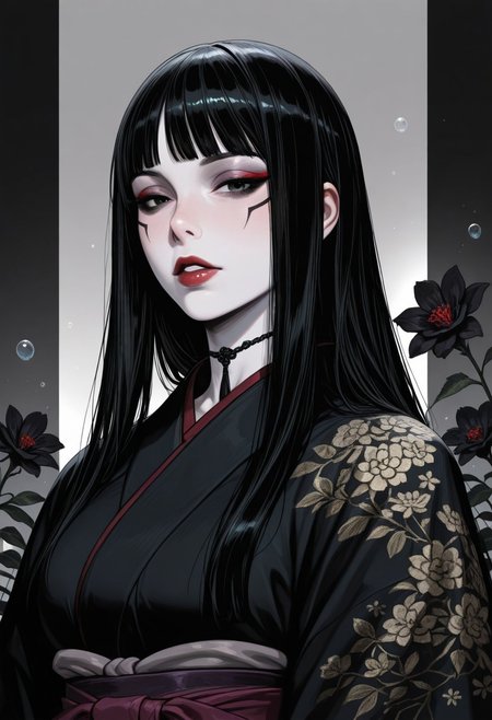 black background,simple background,Volumetric Lighting,looking at the viewer,glowing,1girl,older female,mature female,milf,black hair,bubble,black eyes,solo,makeup,hime haircut,long hair,paleskin,colored skin,white skin,japanese clothes,kimono,eyeshadow,black hair,flower,black kimono,streaked hair,upper body,parted lips,grey background,black flower,black eyeliner,white border, masterpiece,best quality,amazing quality,high quality, newest, highres,8K,HDR,absurdres,vibrant colors,Volumetric lighting,cinematic,
<lora:iLLMythM4gicalL1nes:0.4>,m4gicall1nes,<lora:Sinozick_style:0.4>,sinozick_illu,zPDXL2,