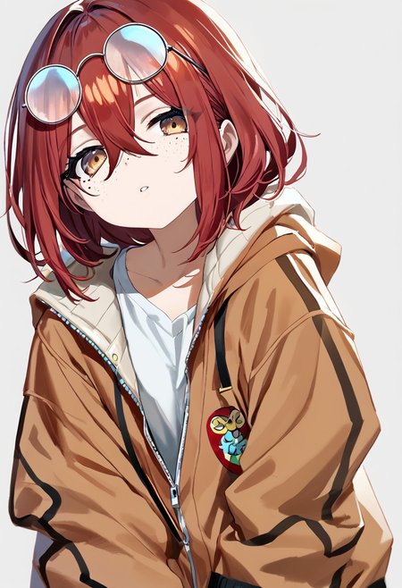 kir, highres, official_art, parted lips, looking at viewer, round eyewear, detailed face, freckles, red hair, brown hair, hair between eyes, mole under eye, oversized jacket, shiny clothes