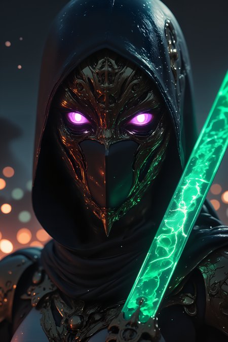The close-up captures a warriorâs ornate mask, forged from a blend of blackened steel and shimmering gold, with intricate filigree patterns glowing faintly in a cybernetic green. The maskâs eyes are narrow slits, illuminated with soft purple light that gives the impression of augmented vision scanning the surroundings. The faint hum of energy can almost be felt radiating from the mask, as microchips and delicate magical sigils fuse seamlessly into the design. Their armor, visible at the edges of the frame, is a mixture of plated metal and sleek, synthetic fabric that glows faintly at the seams. In the blurred background, a distant battlefield of floating platforms and glowing magical runes hovers in midair, lit by the flickering of ethereal flames. The soft glow of the warriorâs mask reflects faintly off rain-slicked metal, suggesting an ongoing storm or recent battle. The details of their jawline hint at a youthful determination, but the maskâs design carries a weight of ancient tradition. Across their shoulder is a weaponâpart sword, part glowing plasma bladeâits edge crackling with a faint, electric-blue light. The entire image conveys a fusion of elegance and raw power, a guardian of both magic and machine. , detailed background  Fantastic lighting. Detailed shadows.intricate details, vivid colors, hyper-detailed, ultra-sharp, High resolution, high detail. Highly detailed.hknuns,<lora:Fluxhknuns-000001:0.6><lora:wasted_films-000018:0.3><lora:GodsAndMayhemFlux:0.7><lora:apoclypse02-style-000019:0.7><lora:sss-snek-000001:0.6><lora:Hyperdetailed_Colored_Pencil:0.6>