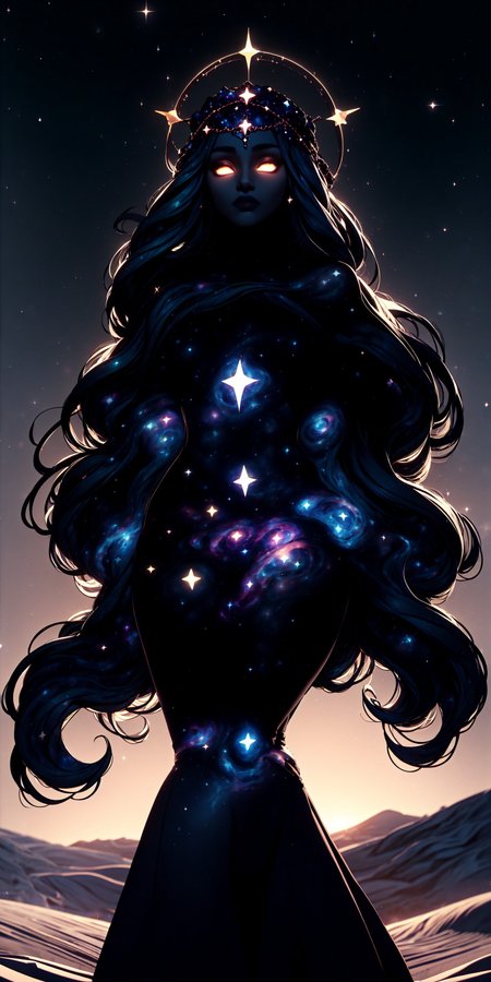 (masterpiece), best quality, expressive eyes, perfect face,
large view, epic scenery, soft colors, soft light, volumetric light, from below, front view, blue hour, (((perspective))),
silhouette of an elegant tall woman, very long hair, greek bra top, long black skirt, large headdress, walking on white sand, sunset, dark celestialskin body, silhouette, jet black skin, flat color, colored skin, void cosmic body, stars, starry sky, halocro, , <lora:a30e1052-b297-41a5-94eb-7d4f346273ed:1.0>, <lora:CelestialSkin:1.0>