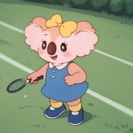 score_9, score_8_up, score_7_up, score_6_up, score_5_up, score_4_up, source_furry, Laurakoala, semi-anthro, female, koala, peach fur, blue dress, yellow bow, yellow socks, blue shoes, tennis