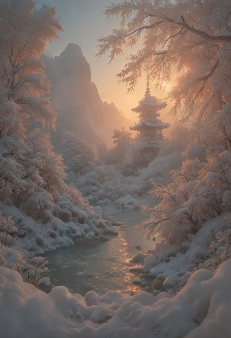 psychodelic scenic japan night landscape, novuschroma73 style, sakura garden, (((winter))), snow, frost, frozen, ice, mountains, lake, perfect composition, sunlight, golden hour, haze, low angle, masterpiece, award winning,, ultra detailed, highly detailed, 8k, uhd, Style-Japan, vivid colours, luminous