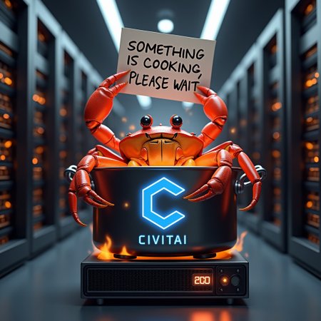 3d render, unreal engine. Large metal pot with text "CIVITAI" is standing on NVidia GPU RTX 4090 in server room. GPU is on fire. There is a big crab in the pot. Crab is holding a sign in claws above it. On the sign it is written in cursive "SOMETHING IS COOKING, PLEASE WAIT". On the metal pot there is a blue hexagon logo with white bloky letter 'C'