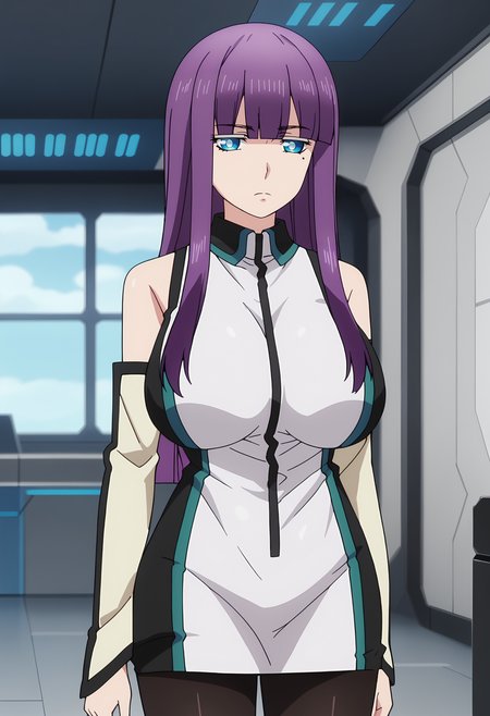 score_7_up, anime screencap,
<lora:ShuumatsuNoHarem_SuouMiraXL:0.9>,
1girl, solo, closed mouth, frown,
long hair, purple hair, hime cut, blunt bangs, blue eyes, bright pupils, mole under eye,
SuouMira, multicolored dress, pencil dress, short dress, bare shoulders, zipper, detached sleeves, black pantyhose,
standing, looking at viewer,
science fiction, indoors, blurry background