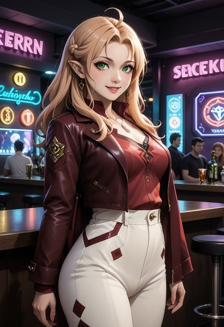 snake_hybrid, score_9, score_8_up, score_7_up , 1girl, solo, long hair, pink hair ribbon, cowboy shot, nightclub, neon lights, bokeh, depth of field, blush, happy, makeup, open leather jacket, red leather high waist pants, signora, Robina, long hair, hair between eyes, green eyes, pointy ears, elf, blonde hair, ahoge, Cyberpunk, pg rating.