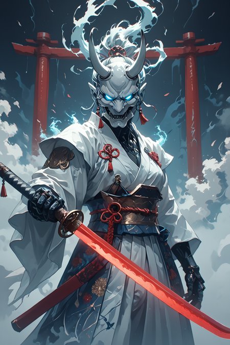 score_9, score_8_up, score_7_up, score_6_up, score_5_up, score_4_up,(A white Oni with blue smoke, holding up his sword in the air, wearing silver armor and kimono. Detailed illustration with a dynamic background in the style of fantasy art. A digital painting concept design showing a close up shot with ultra high resolution and high detail in sharp focus. An intricate studio photo shoot with highly detailed sharp focus and high quality:1.2), hkwarrior