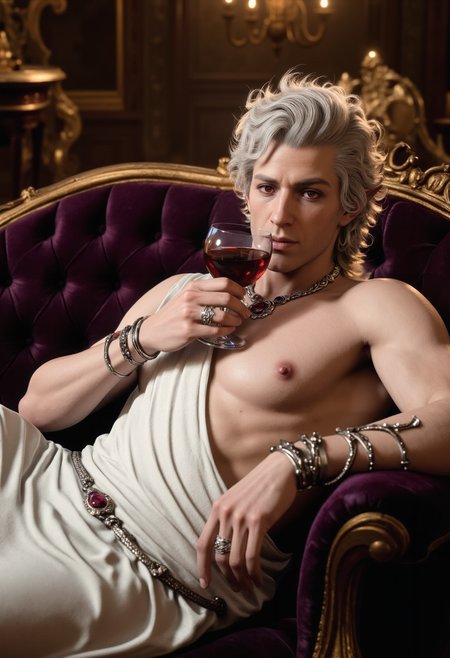 In the heart of a grand baroque ballroom, an intoxicatingly seductive figure reclines on a sumptuous velvet chaise lounge. His silver curls cascade with a wild elegance, framing a chiseled, clean-shaven face that gleams with an ethereal, alabaster glow. His eyes, a deep and mesmerizing red, lock onto you with a smoldering intensity that leaves no room for doubtâhe desires you, unapologetically.
Draped in a single-shouldered, pure white Greek toga that clings to his perfectly sculpted form, the fabric falls in sensual folds that hint at the sinewy strength beneath. His every movement is a tantalizing invitation, a promise of the forbidden. Adorned with a silver vine bracelet encrusted with rubies that catch the light with each subtle shift, his wrist cradles a glass of rich, red wine. He lifts it slowly to his lips, eyes never leaving yours, and takes a deliberate, slow sip that feels like a caress.
A delicate necklace, waist chain, and armlet, all twined with ruby and silver, catch the flickering candlelight as his gaze sweeps over you, the corner of his lips curling into a dangerous, knowing smirk. His posture, his gaze, everything about him is an invitation to surrender. The air is thick with the unspoken, the promise of what could beâhe's craving you, and there's no mistaking his intent.
He is directly looking the viewer in the eyes. His muscles are well defined, catching your glance. Realistic alabaster skin.
<lora:Astarion-00_edited:0.8> Astarion, A man with silver curly hair and red eyes  <lora:realism_lora_comfy flux_converted:0.7>
<lora:aidmaNSFWunlock-FLUX-PonyStyle-v0.1:0.2> aidmansfwunlockfluxponystyle