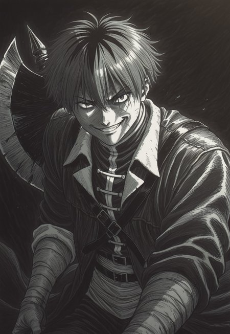masterpiece, best quality, dark theme, 1boy,  1990s \(style\), 1994, traditional media, rough sketch, linear hatching, stark_sousou_no_frieren, villain pose, corrupted, kentaro_miura_style, smirk,  axe