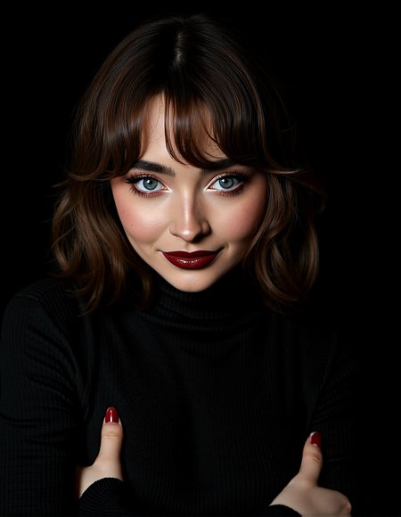 A photorealistic close-up of sabcarp, woman’s face,  partially illuminated by a single, soft light source. Her pale skin contrasts sharply with the deep shadows surrounding her. Her hair is wavy brown, with bangs, revealing perfectly arched eyebrows. Her eyes, wide and strikingly blue, are framed by long, dark lashes. Her lips are painted a bold red, adding a touch of glamour to the otherwise stark image. The background is a deep black, making her face the sole focal point. She is wearing an outfit with turtleneck

Aesthetics include Micro-Detail Skin Texturing, Reflective Eye Highlights,Smooth Transition of Light and Shadow, Refined Eye Makeup with Gradient Shadows.

subtle backlighting to highlight the edges of the hair and shoulders, giving the subject a glowing outline against the darker background. glimmering specular highlights on the lips and eyes, catching the light in precise spots to enhance their wet, glossy appearance. a few soft hair strands gently framing the face, with natural movement and flow, adding depth and dimension to the hairstyle.

Arms crossed over her chest, head tilted forward slightly, 



















