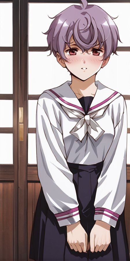 1girl,  absurdres, uncensored,
score_9, score_8_up, score_7_up, score_6_up, source_anime, zPDXL3,
(mature female),
BREAK
indoors, seductive smile, smile,
BREAK
,
BREAK
 himawari, red eyes, purple hair, short hair, school uniform, serafuku, sailor collar, black skirt, black pantyhose,  
<lora:Urushihara Satoshi_XL_PONY_V2:0.9>,<lora:edomaeelf:0.8>