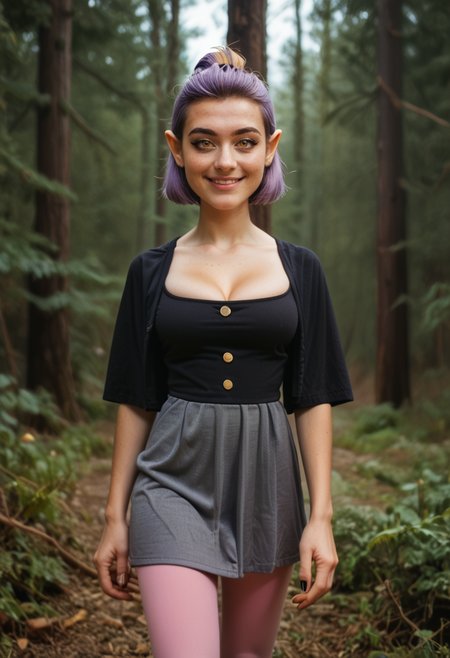 score_9, score_8_up, score_7_up, score_6_up, photo of a cute girl, realistic,
1girl, dynamic angle, amity blight, yellow eyes, pointy ears, ((purple hair)), half updo, medium hair, smiling, school uniform, black capelet, grey dress, pink sleeves, pink leggings, black eyeliner, closeup, (large saggy breasts, cleavage), in redwood forest,
<lora:Amity_BlightV3:1>