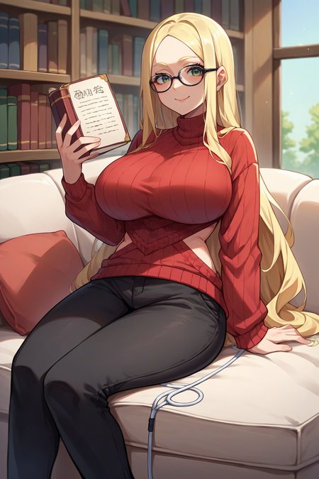 score_9, score_8_up, score_7_up, score_6_up, source_anime, 1girl, solo,  <lora:bofurimisery-pdxl-nvwls-v1-000007:1> bofuMis, blonde hair, long hair, big breasts, red sweater, cable-knit sweater, glasses, bookshelf, black pants, sitting, couch, holding book, smile